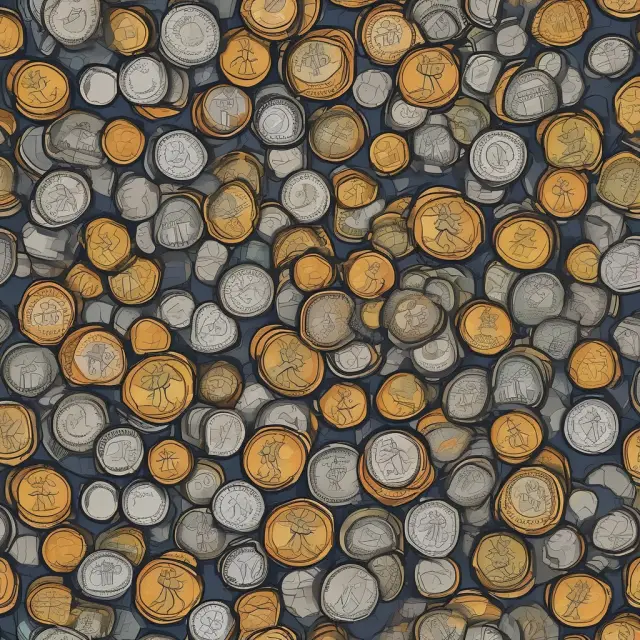 A mosaic of coins representing debt financing, grants, bank loans, and government support, with each coin illustrating the challenges or risks associated with that funding source