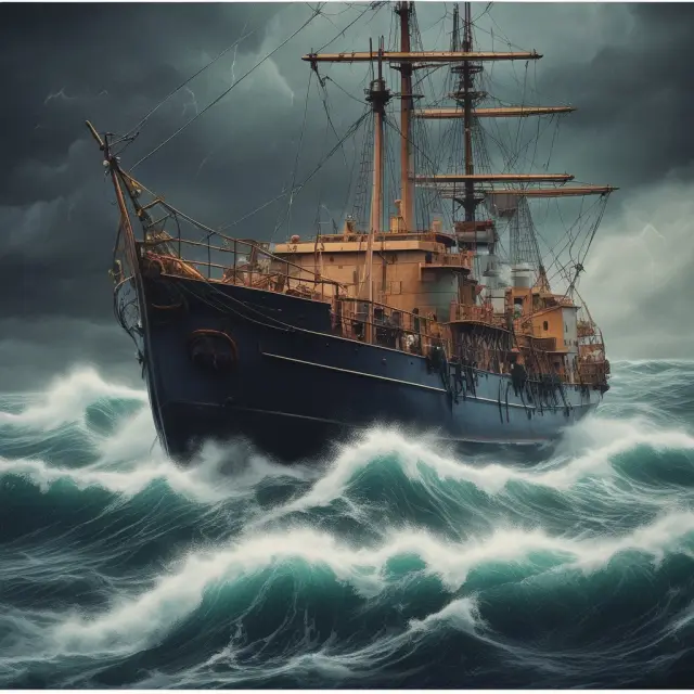 A ship braving rough waters under the guidance of a determined captain, symbolizing successful capital project execution through careful planning and effective risk management.