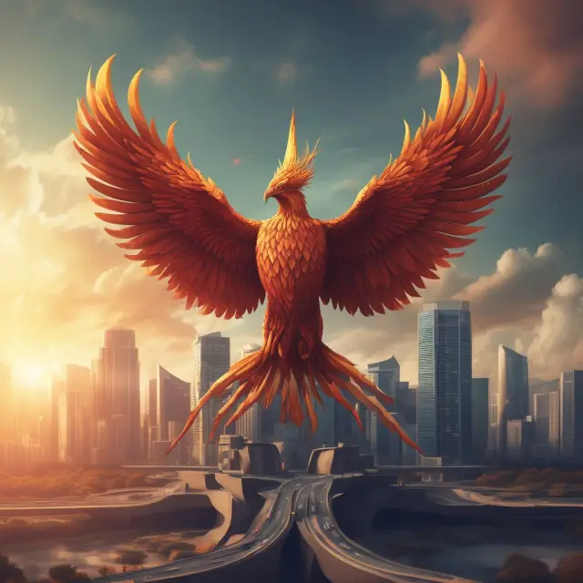 Phoenix rising above infrastructure blocks, representing successful public sector capital projects