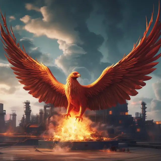 A Phoenix emerges from the flames of a factory, representing the rebirth and growth that comes from successful capital projects