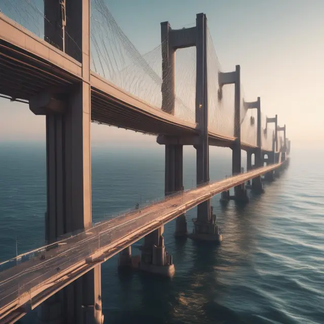 Image: A stylized bridge connecting two pillars representing planning and execution over a vast sea symbolizing growth opportunities in capital projects.