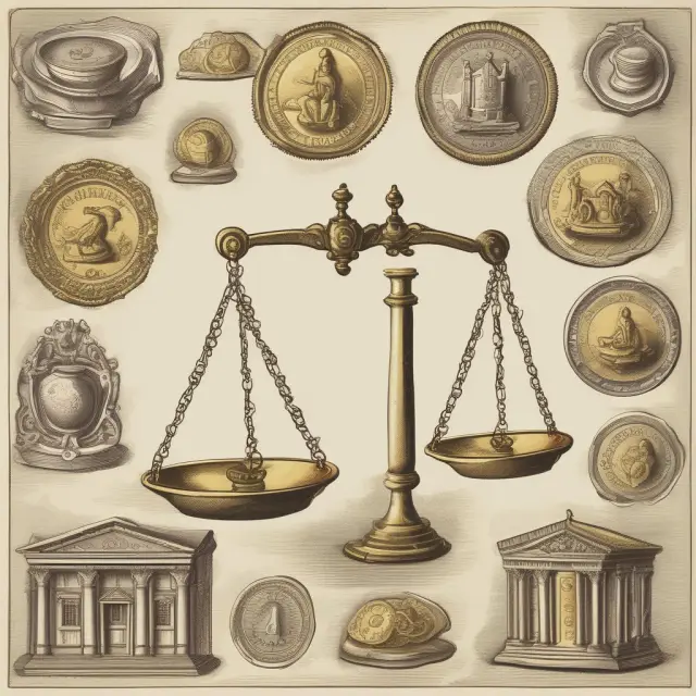 A scale representing the different types of capital: coins for working capital, gold bars for equity capital, debt notes for borrowed funds, and gears symbolizing machinery or assets.