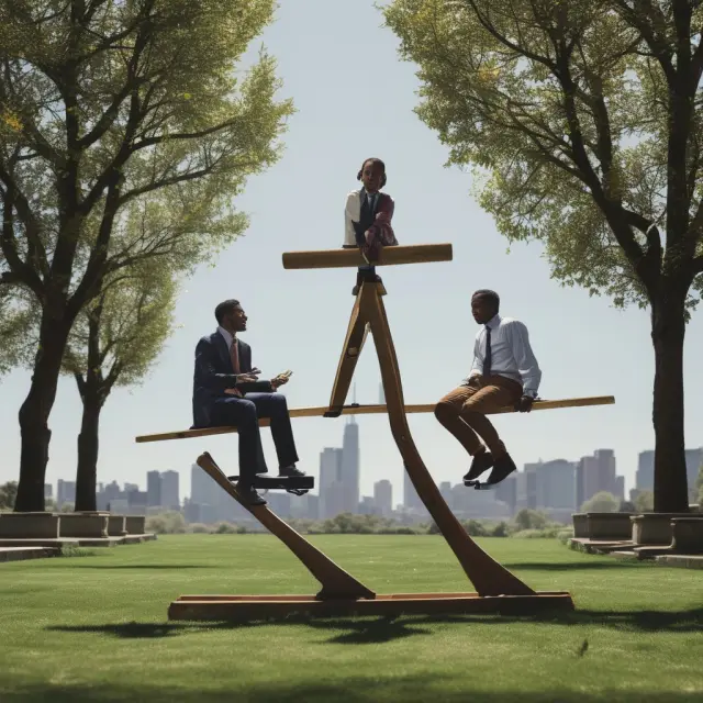 An investor sits on a seesaw, balancing private equity on one side (venture capitalist) and public equity (IPO) on the other, symbolizing their roles in business financing.