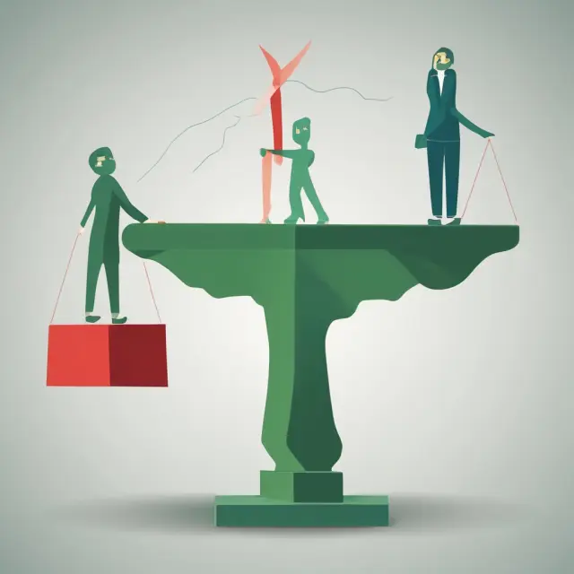 An investor carefully balancing red short-term and green long-term capital gains on a scale, emphasizing wise investment decision-making and tax optimization