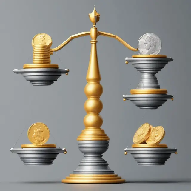 Gold and silver coins symbolizing capital tiers on a pyramid of risk-weighted assets.