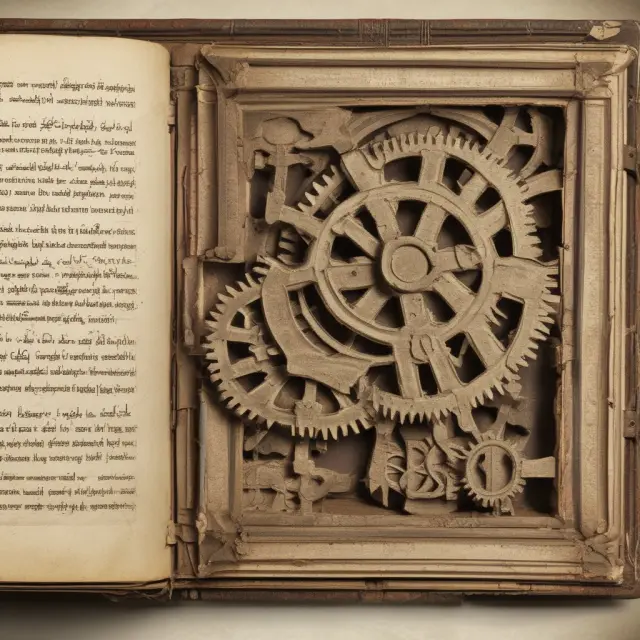 Old book unfolding, revealing internal gears in motion, representing accurate recording and taxation of capital assets
