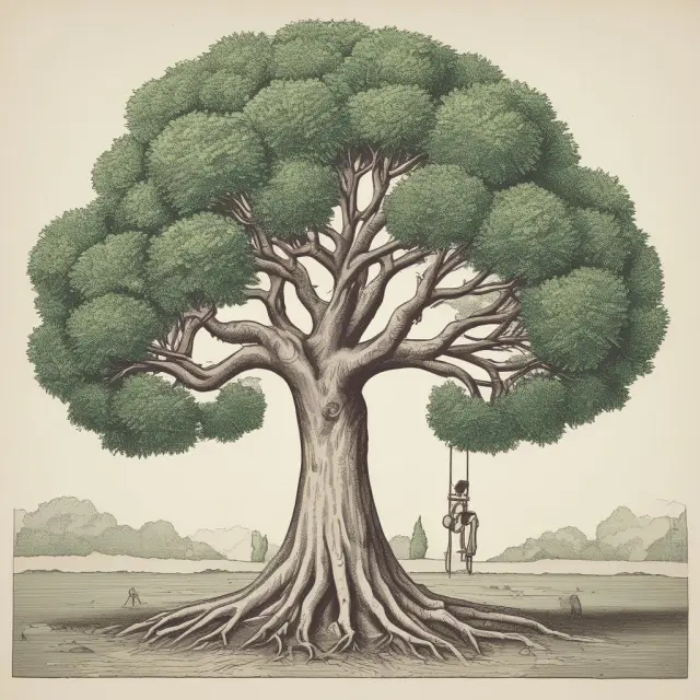 A tree with capital employed represented as a lush tree, with total assets as branches, equity as the trunk, and long-term debts as deep roots nurturing the growth.