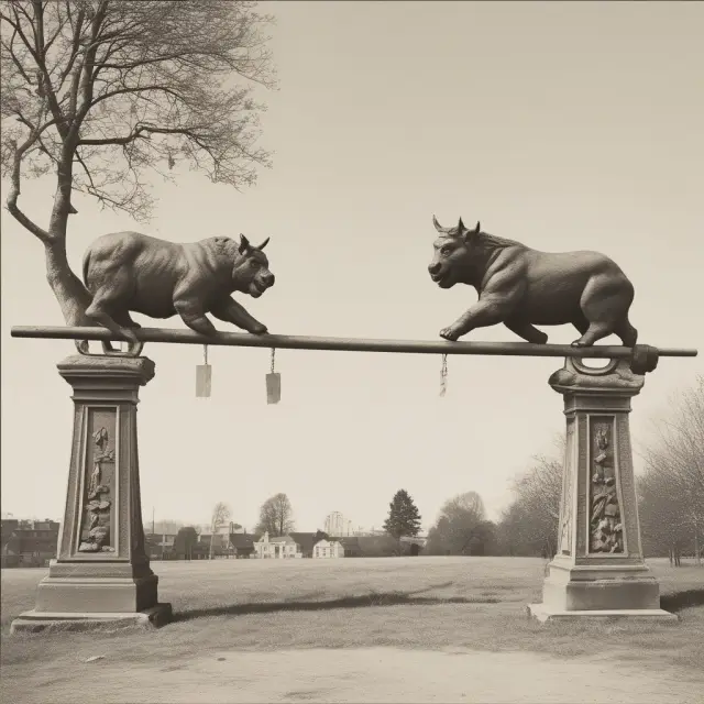 Bull and bear figurines representing ROCE and ROACE balancing capital on a seesaw, emphasizing their interplay in financial analysis