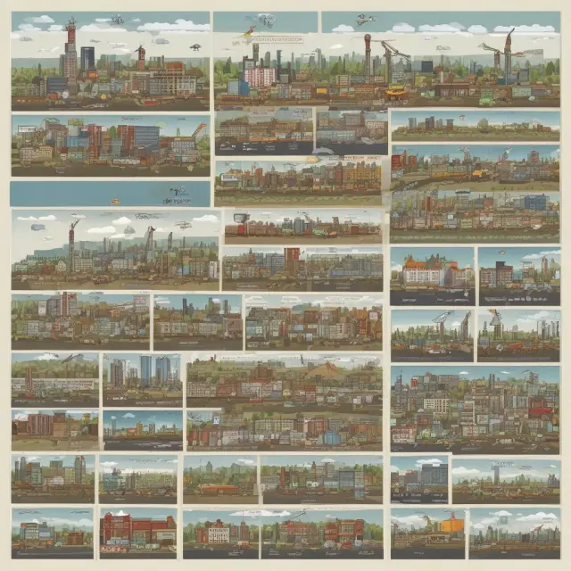 A colorful mosaic displaying various elements: a factory building, machinery, computer screen with code, and fertile land.