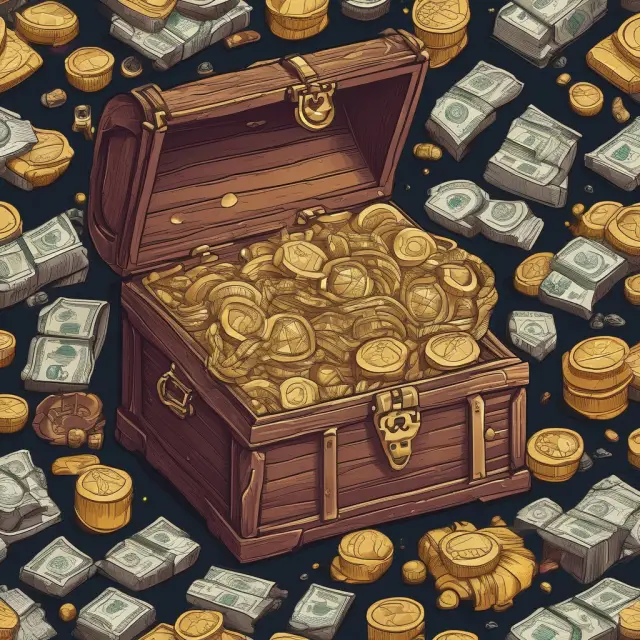 Golden treasure chest with assets representing jewelry, real estate, cryptocurrencies, stocks, and collectibles. Capital gains taxes apply to various possessions.