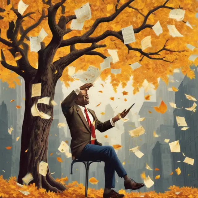 Mutual fund manager distributes golden leaves representing annual capital gains to investors.