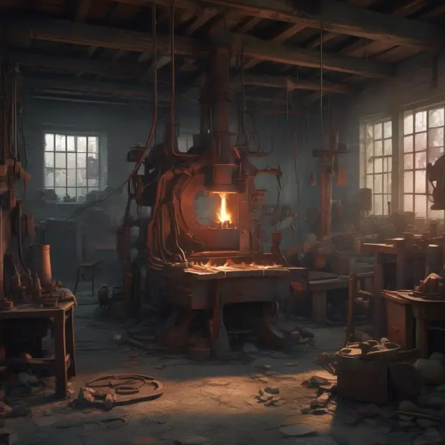 Blacksmith hammering machinery, tools, equipment, vehicles, buildings, and tools from molten metal, symbolizing the creation of capital goods.
