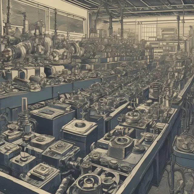 Gears and finished products moving along a production line: Capital goods create consumer goods