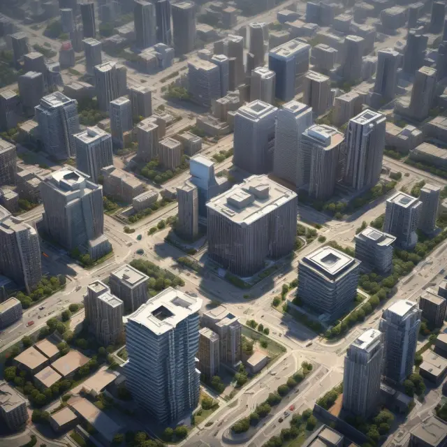 Capital goods in action: A thriving cityscape with factories manufacturing goods, cranes constructing buildings, and power plants delivering electricity