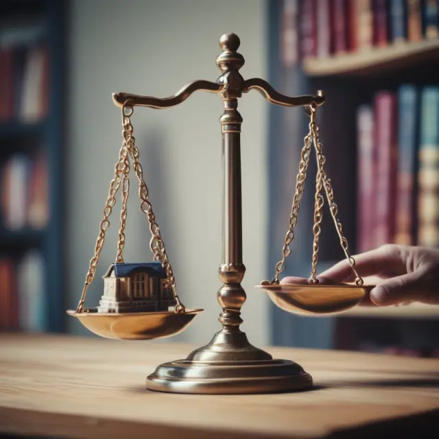 Scales balanced between rent increase and capital investment symbols, with a real estate lawbook as their foundation