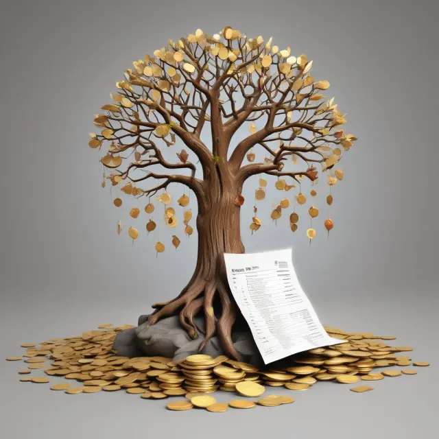 A tree with roots representing capital improvements absorbing gold coins (money) and tax documents in a pool, emphasizing strategic planning for financial growth.