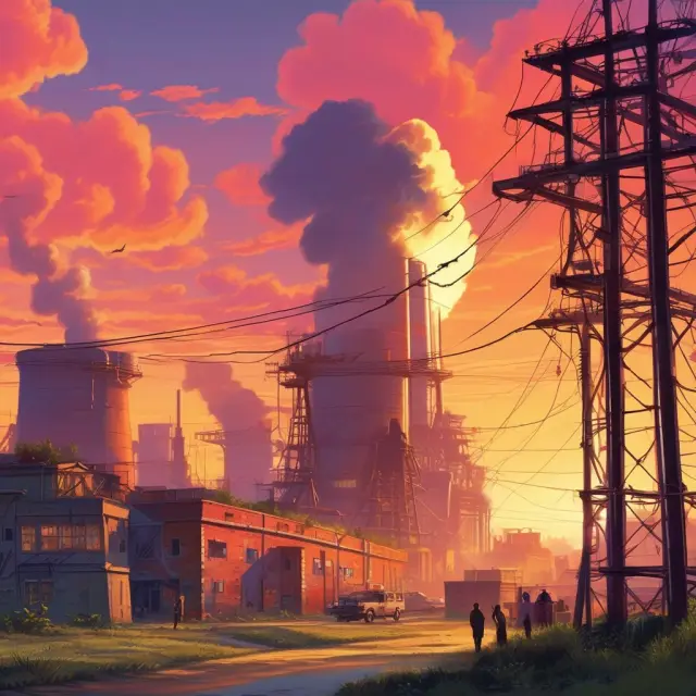 A sunrise scene of a bustling capitalist factory with workers, factories, and owners around private property symbols