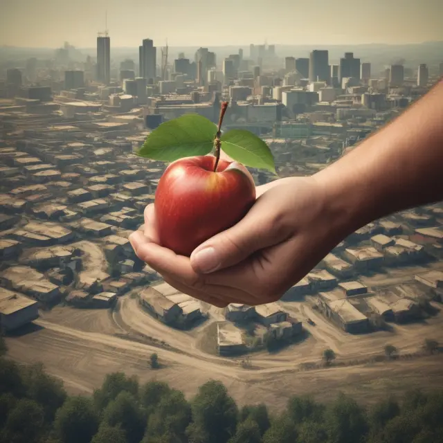 Hand holding an apple and a factory illustrating John Locke