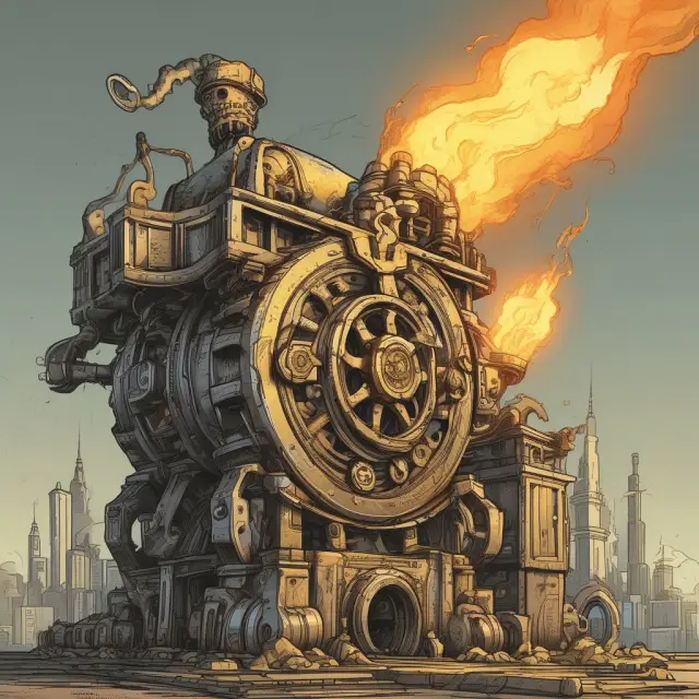 Golden flames igniting capitalist gears, symbolizing the profit motive driving competition and economic growth