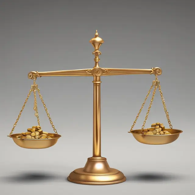 A weighing scale depicting capitalist advantages (gold coins) versus disadvantages (social welfare goods)