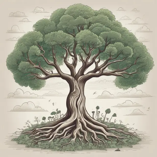 An evolving tree symbolizing the historical development of capitalism, tackling challenges like wealth inequality and environmental concerns.