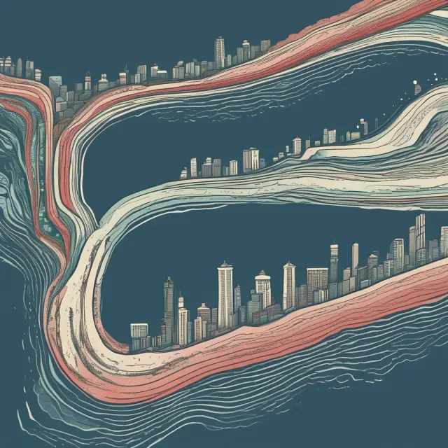 A metaphorical image of a capitalization table as a winding river, with hands shaping the currents to represent ownership changes and updates.