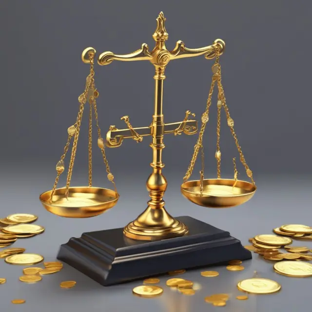 A balance scale holds gold coins, symbolizing capitalization thresholds determining which assets to record as long-term.