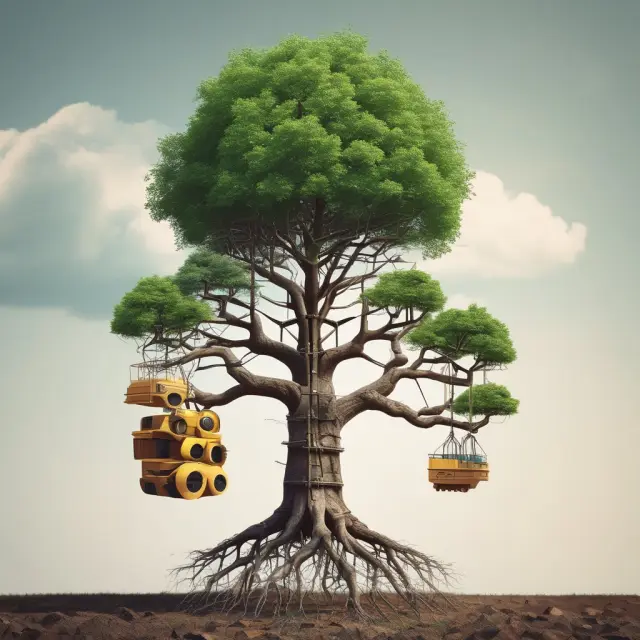 A growing tree symbolizes capitalized costs - development, construction, and machinery.