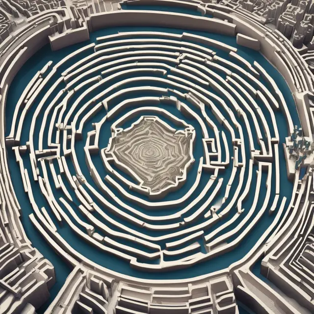 A complex labyrinth illustrating capitalization in finance, featuring two interconnected rivers for book value and market value