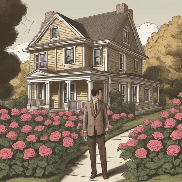 Golden single-family home with roses and appraiser calculating capitalization rate