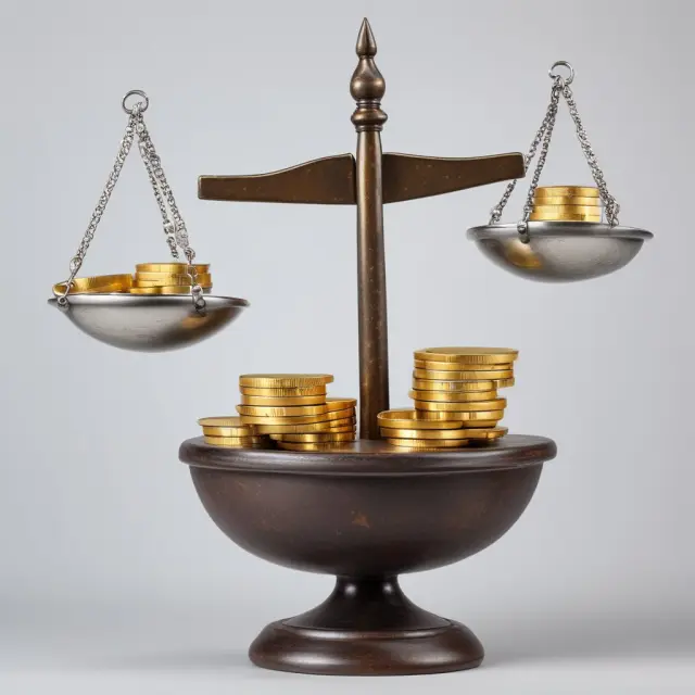 Golden balance scale illustrating advantages (gold coins) and disadvantages (silver coins) of capitalizing business costs