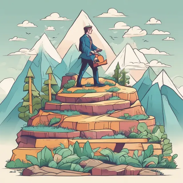 A tax collector ascending a towering mountain of capitalized business expenses with varying slopes representing different depreciation methods