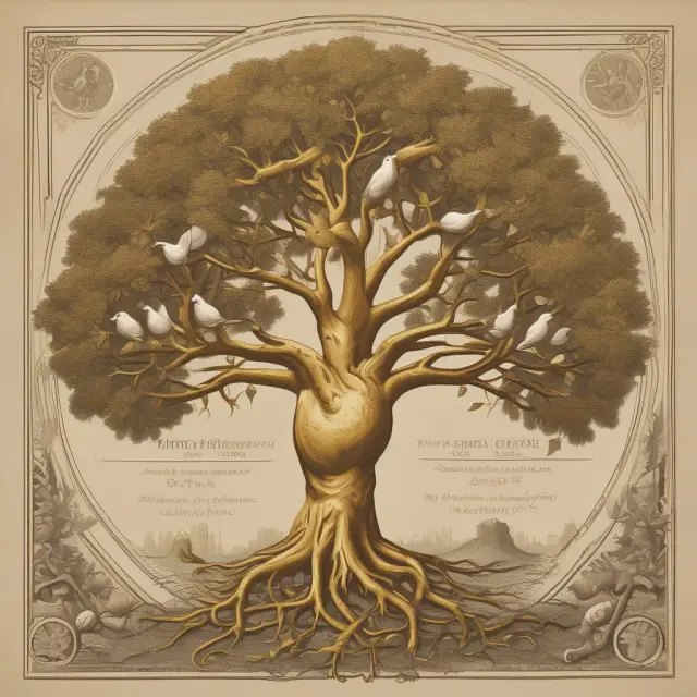 A golden tree with issued shares as branches rooted in authorized capital stock, leaves as outstanding shares, and a nesting dove symbolizing treasury shares.