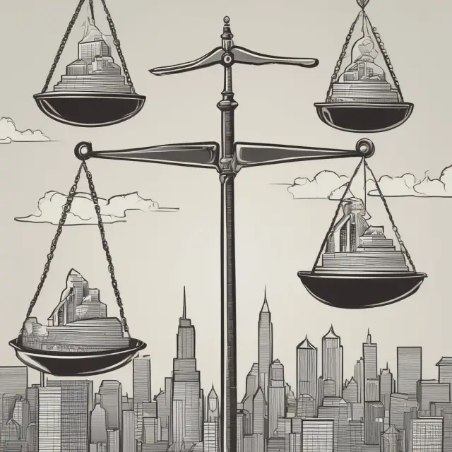 Two scales balanced by gold balls symbolizing debt and silver coins representing equity, illustrating the balance between borrowed funds and ownership in a company