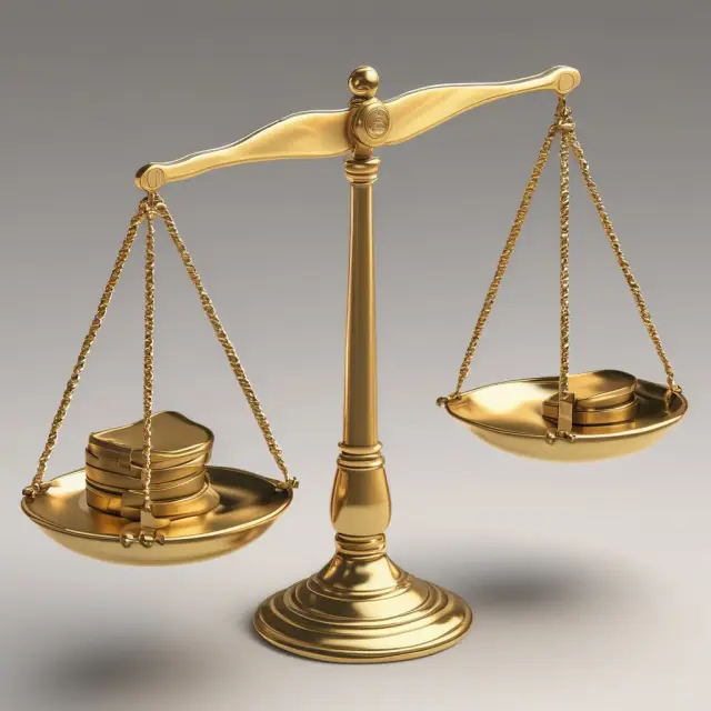 Gold scales balanced by shackled debt weights symbolize calculating WACC with equity (cost of capital) and debt financing. D/E ratio measures riskiness.