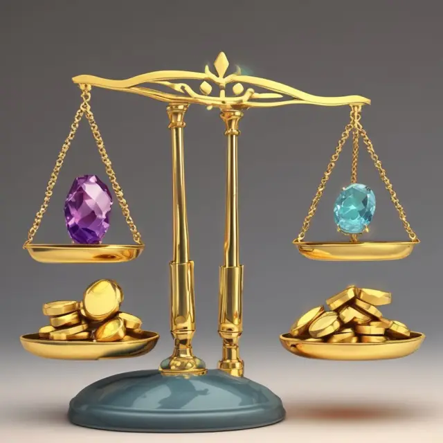 A balance scale with gold coins representing debt and precious gems symbolizing equity in a capital structure analysis