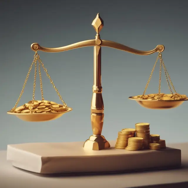 Scales balanced with gold coins (debt) and share certificates (equity) represent capital structure, with a shifting background illustrating changing interest rates and regulatory environment.