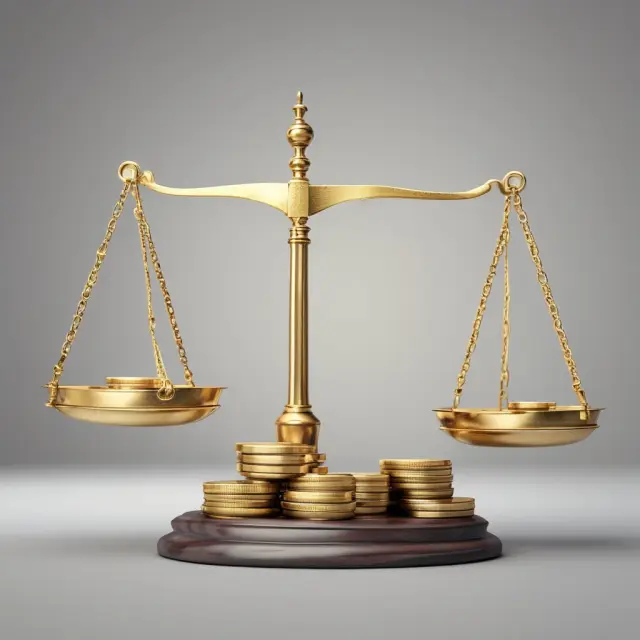A balance scale with debt and equity coins on either side, symbolizing a balanced capital structure in funding growth