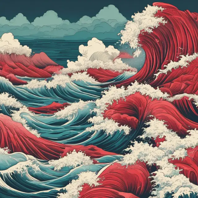 A powerful wave of red signifying the culmination of losses during a capitulation event. Investors are represented by cliffside figures.