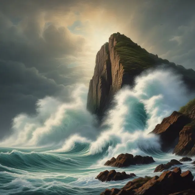 Waves of high trading volume pounding against a financial cliff during market capitulation