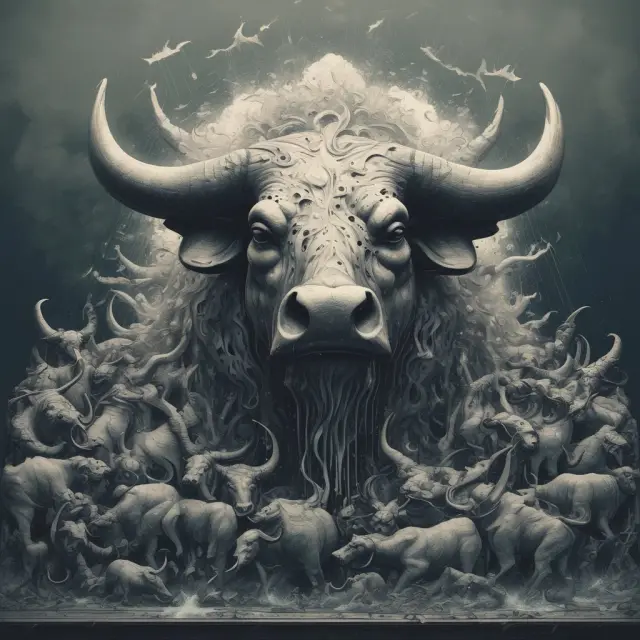 Tears flowing from a hollowed-out bull represents capitulation in financial markets, while a market bottom signifies the end of bearish trend and the start of recovery.