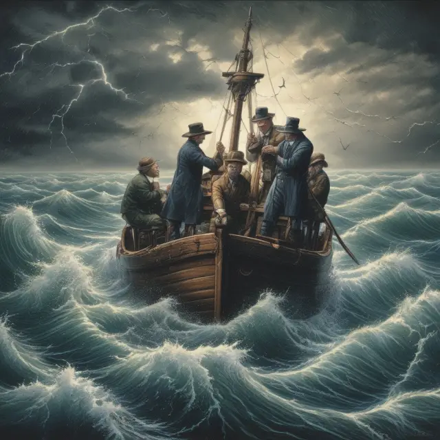 A group of worried investors frantically selling their holdings as a storm rages in the background, illustrating financial capitulation.