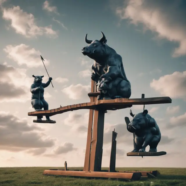 A bull and bear figurine standing on a seesaw, symbolizing the potential market instability in carbon credits due to criticisms like greenwashing and price volatility.