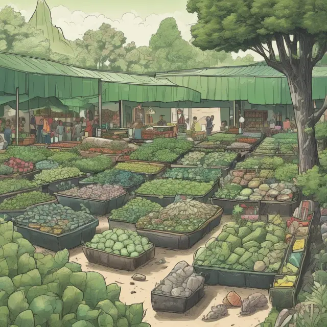 A bustling market scene where traders exchange carbon credits for precious stones, emphasizing the value of reducing emissions through financial incentives