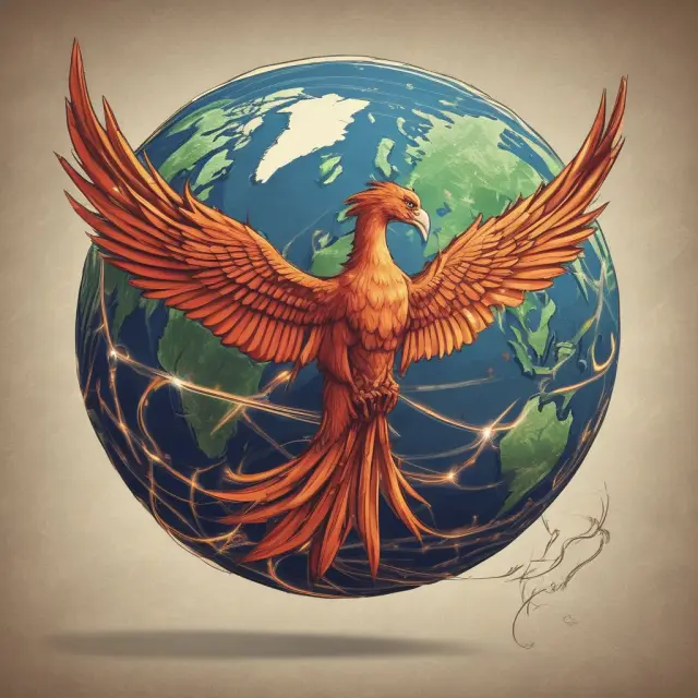 Phoenix made of carbon credits rising above the Earth, symbolizing climate change mitigation efforts