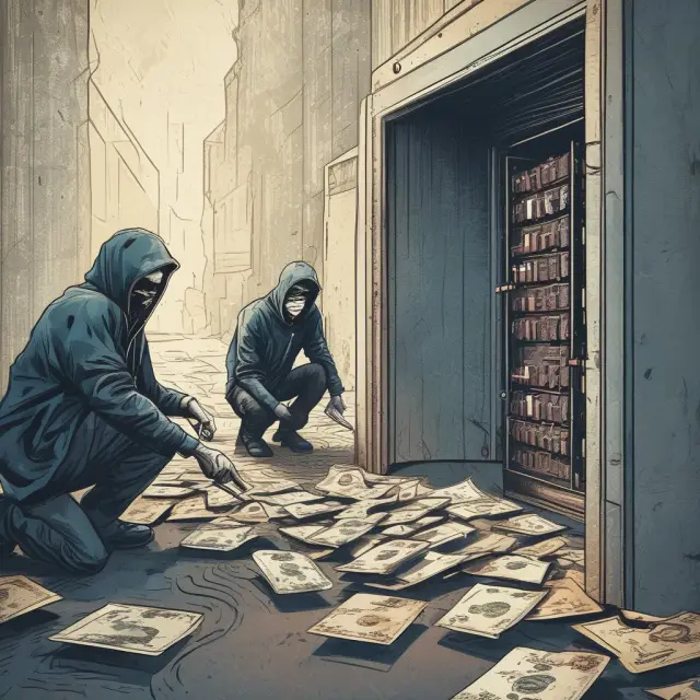 A group of thieves extracting digital credit card information from a high-tech cyber vault. SEO: Stolen Credit Cards, Cybersecurity, Data Theft, Fraud.