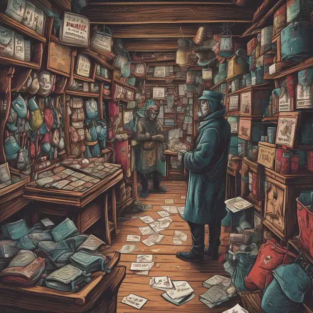 An underground marketplace where stolen credit card information is traded; card dealers wearing masks engage in encrypted deals