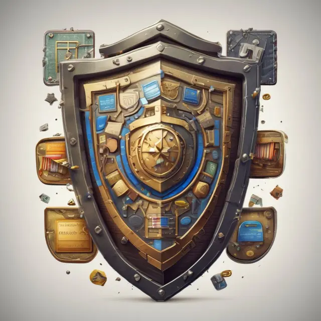 Shield composed of overlapping credit cards safeguarding a treasure chest, symbolizing the importance of protecting personal financial information