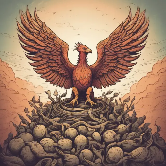 A mythical Phoenix soaring above a nest of startup logos, illustrating carried interest