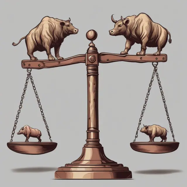 An arbitrage trader balances a scale with bull (buy) and bear (sell) figures, representing liquidity, volatility, and interest rates.